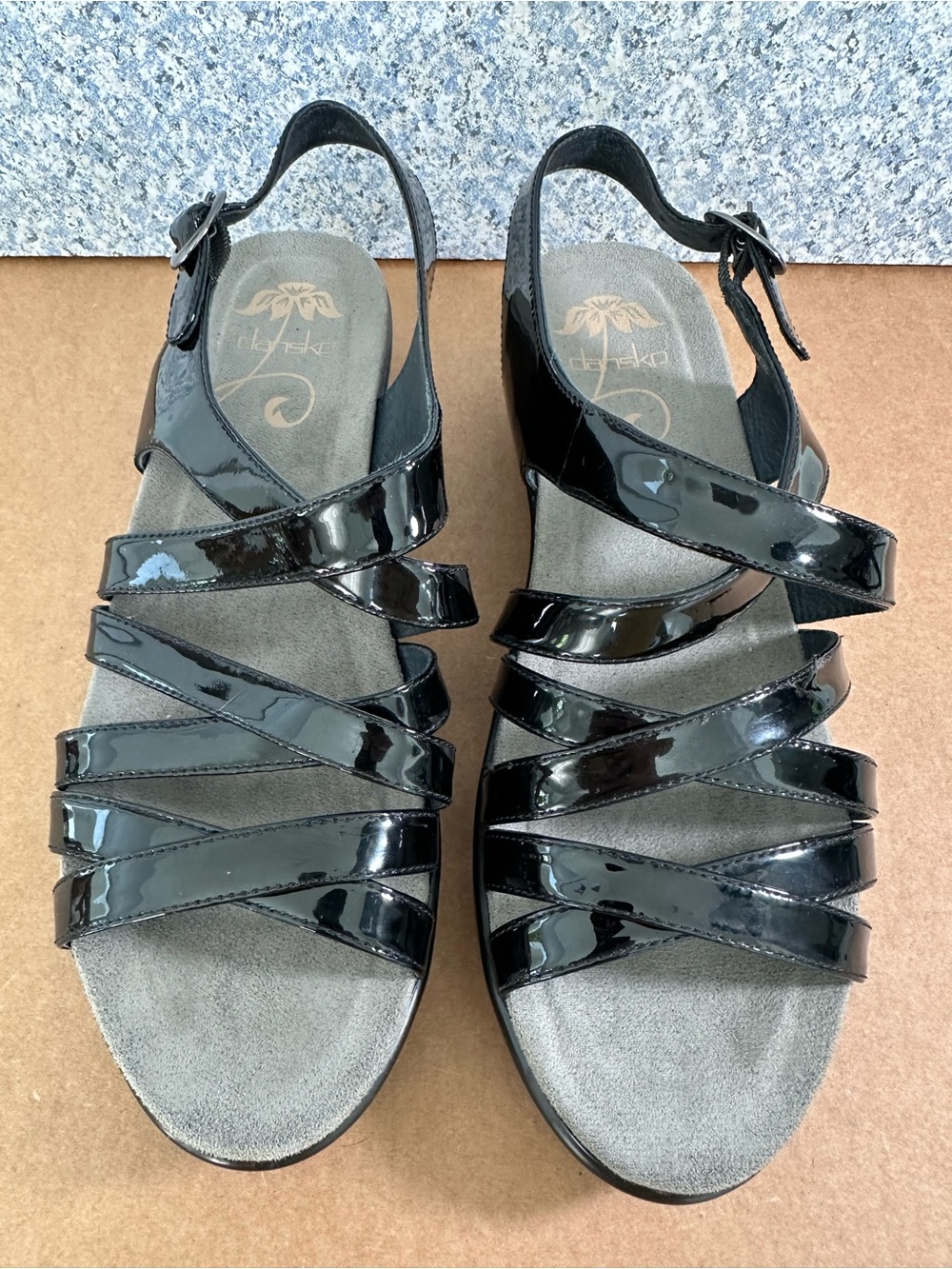 Dansko Black Patent Leather Strappy Wedge Sandals Sz 39- 8.5/9